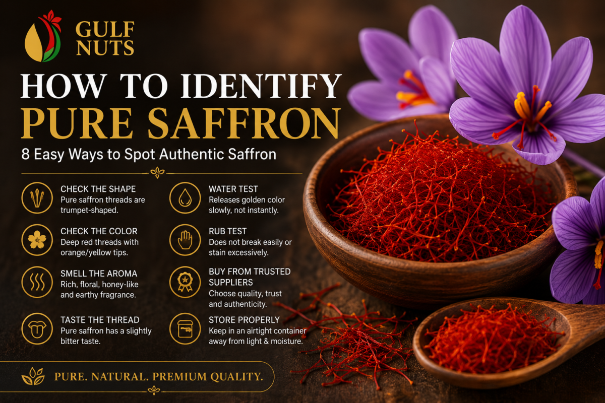 Premium pure saffron threads with saffron flowers – How to Identify Pure Saffron | Gulf Nuts