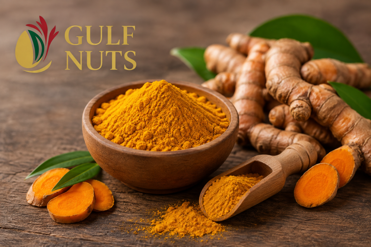 Fresh turmeric roots and turmeric powder with wooden spoon on a rustic wooden table.