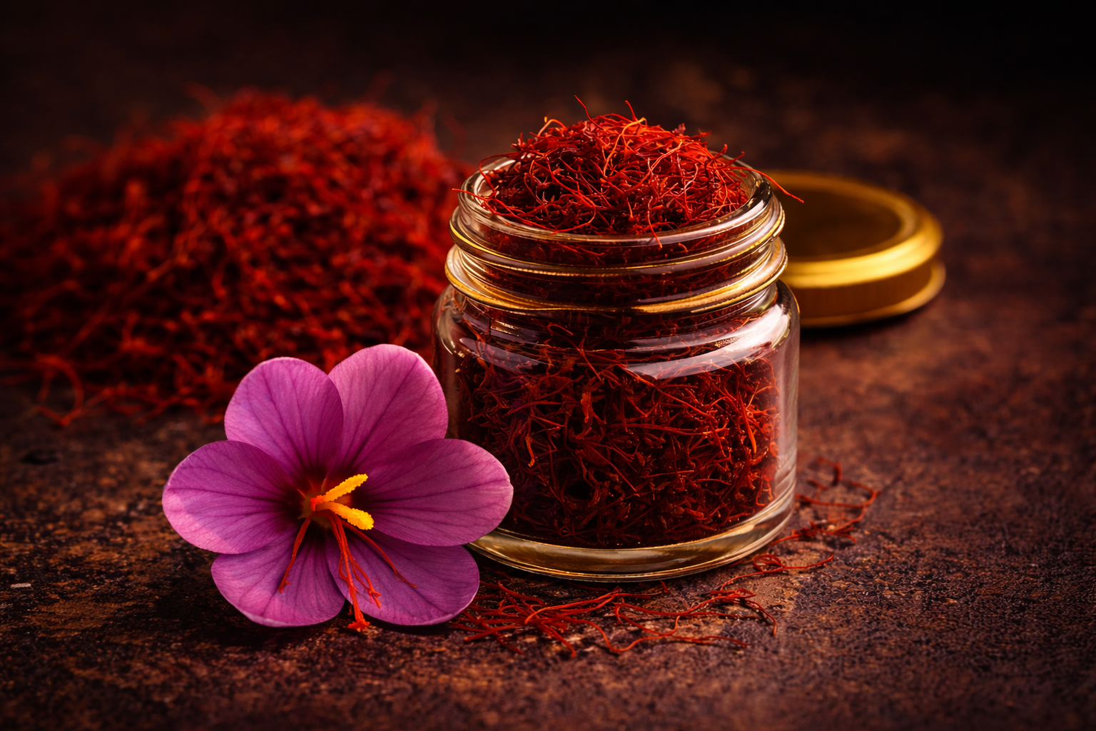 Premium Persian saffron threads in glass jar with crocus flower