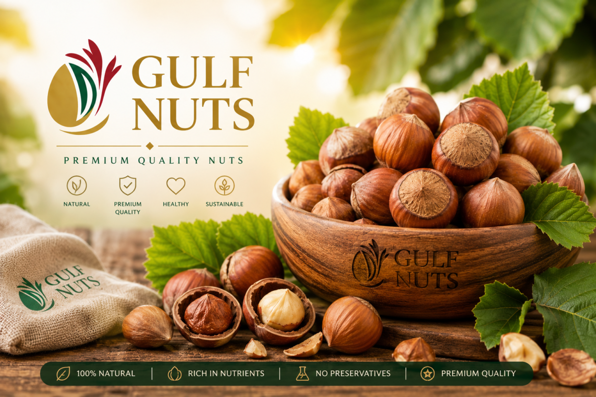 Premium hazelnuts by Gulf Nuts with fresh whole and shelled hazelnuts on a wooden table.